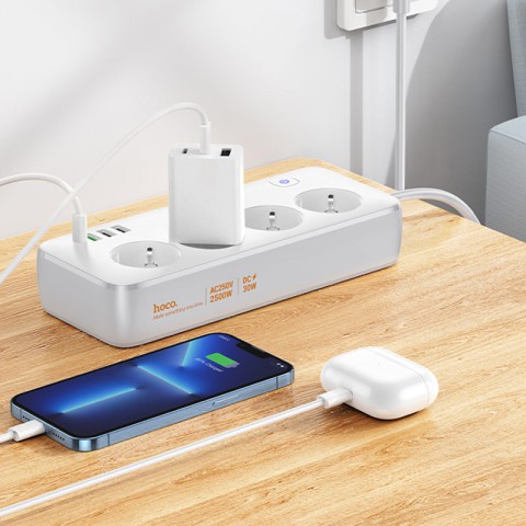 Подовжувач Hoco AC22 Sunlight (PD30W/1C/3A/4xSocket) (1.5m) White
