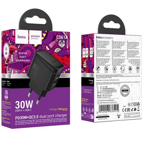 МЗП Hoco CS61A Bright PD30W+QC3.0 (1USB-A/1C) Black