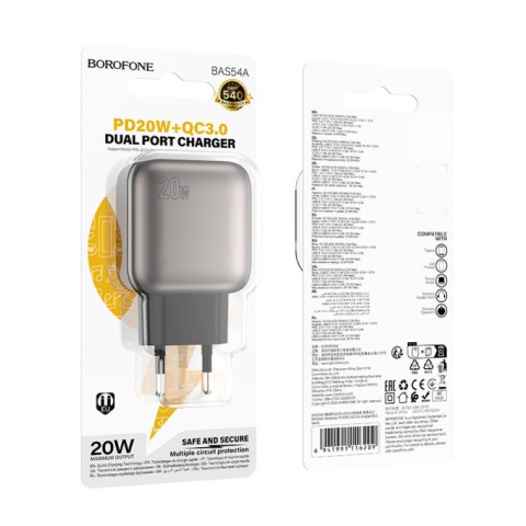 МЗП Borofone BAS54A Absolute PD20W+QC3.0 (1USB-A/1C) Black