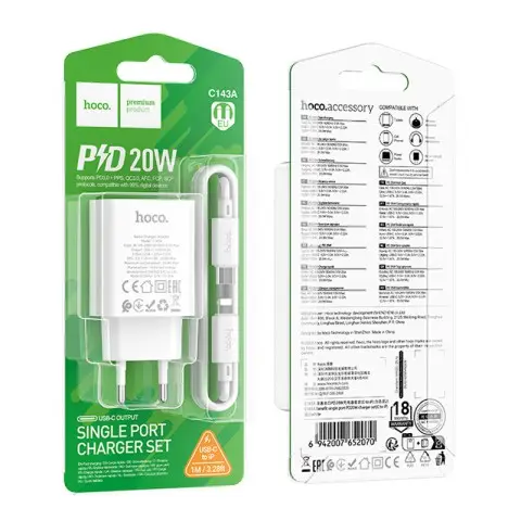МЗП Hoco C143A Benefit PD20W (1USB-C) + кабель Type-C to Lightning White