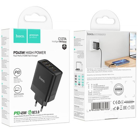 МЗП Hoco C127A Intelligent PD45W (3USB-A/1C) Black