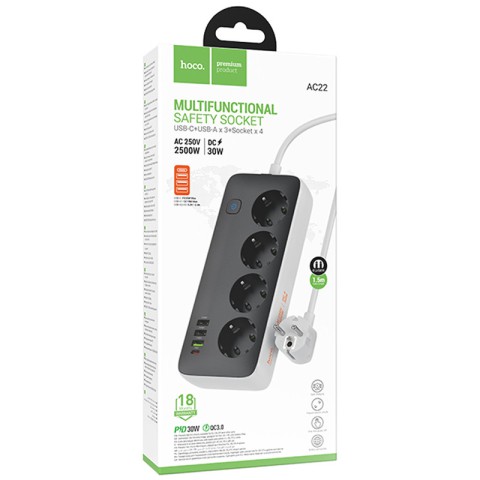Подовжувач Hoco AC22 Sunlight (PD30W/1C/3A/4xSocket) (1.5m) Black