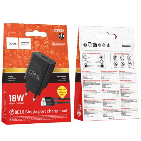 МЗП Hoco CS92A Leader 18W+QC3.0 (1USB-A) + кабель USB to Type-C Black