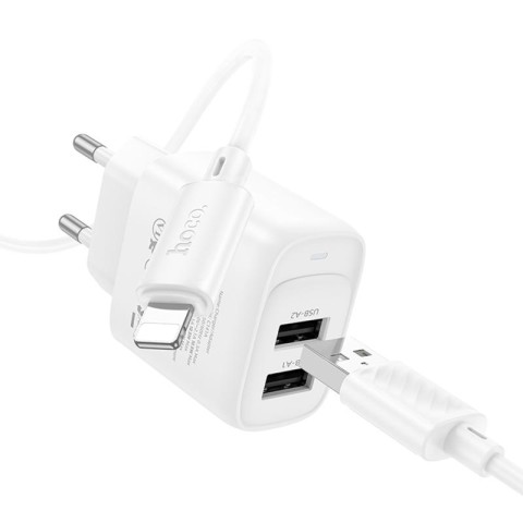 МЗП Hoco C141A Smart 2.1A (2USB-A) + кабель USB to Lightning White