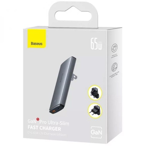 МЗП Baseus GaN5 Pro Ultra-Slim QC 3.0+PD 65W (1USB-A/1C) + кабель Type-C to Type-C (CCGP15011) Gray