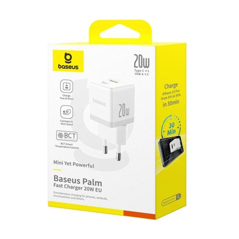 МЗП Baseus Palm Fast Charger 20W (1USB-A/1C) + кабель Type-C to Type-C (P10111608) Moon White
