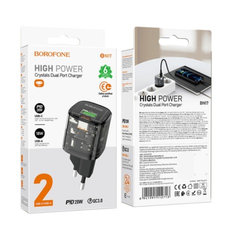 МЗП Borofone BN17 Sunlight PD20W+QC3.0 (1USB-A/1C) Transparent black