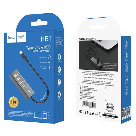 Перехідник HUB Hoco HB1 USB to USB 2.0 (4 port) (1m) Сірий