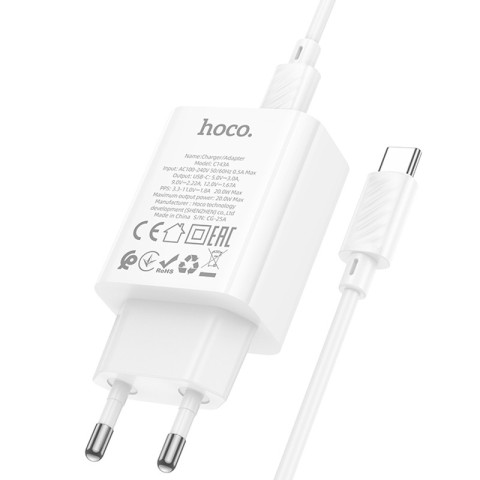 МЗП Hoco C143A Benefit PD20W (1USB-C) + кабель Type-C to Type-C White