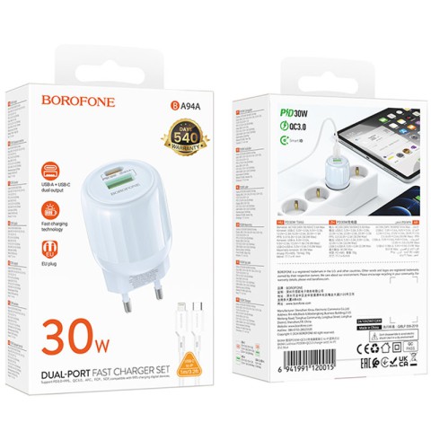 МЗП Borofone BA94A Lustrous PD30W+QC3.0 (1USB-A/1C) + кабель Type-C to Lightning Blue