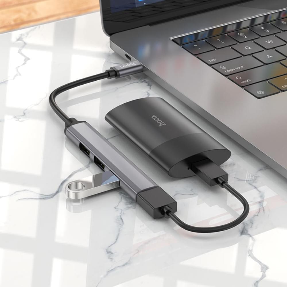Перехідник Hoco HB26 4in1 (Type-C to USB3.0+USB2.0*3) Metal gray