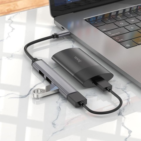 Перехідник Hoco HB26 4in1 (Type-C to USB3.0+USB2.0*3) Metal gray