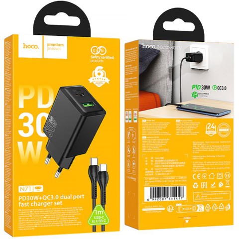 МЗП Hoco N71 Nuevo PD30W+QC3.0 (1USB-A/1C) + кабель Type-C to Type-C Black