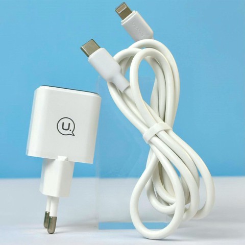 МЗП Usams US-CC186 PD30W (1USB-C) + кабель Type-C to Lightning White