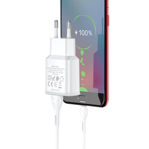 МЗП Hoco C88A Star round 2.4A (2USB-A) + кабель USB to Type-C Білий