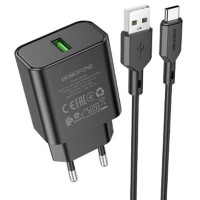 МЗП Borofone BA72A Spring QC3.0 (1USB-A) + кабель USB to Type-C Black