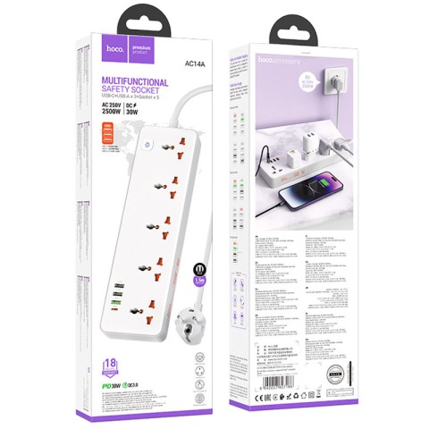 Подовжувач Hoco AC14A Rico PD30W (3USB-A/1C/5xSocket) (1.5m) White