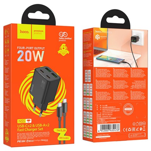 МЗП Hoco N55 Fundador PD20W four-port (2USB-A/2C) + кабель Type-C to Type-C Black