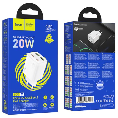 МЗП Hoco N55 Fundador PD20W four-port (2USB-A/2C) White