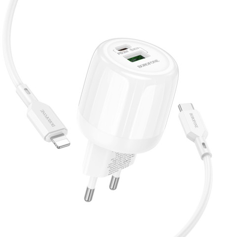МЗП Borofone BA94A Lustrous PD30W+QC3.0 (1USB-A/1C) + кабель Type-C to Lightning White