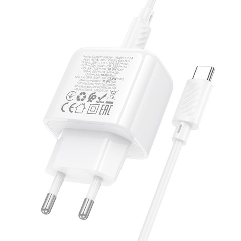 МЗП Hoco CS55A Surplus PD30W+QC3.0 (1USB-A/1C) + кабель Type-C to Type-C White