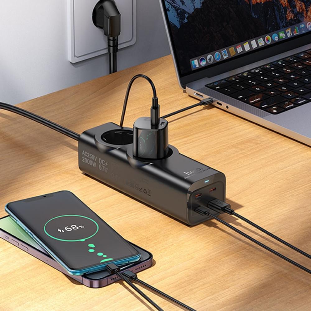 Удлинитель Hoco NS10 Wisdom 2-position PD67W (1USB-A/3C/2Socket) (2m)