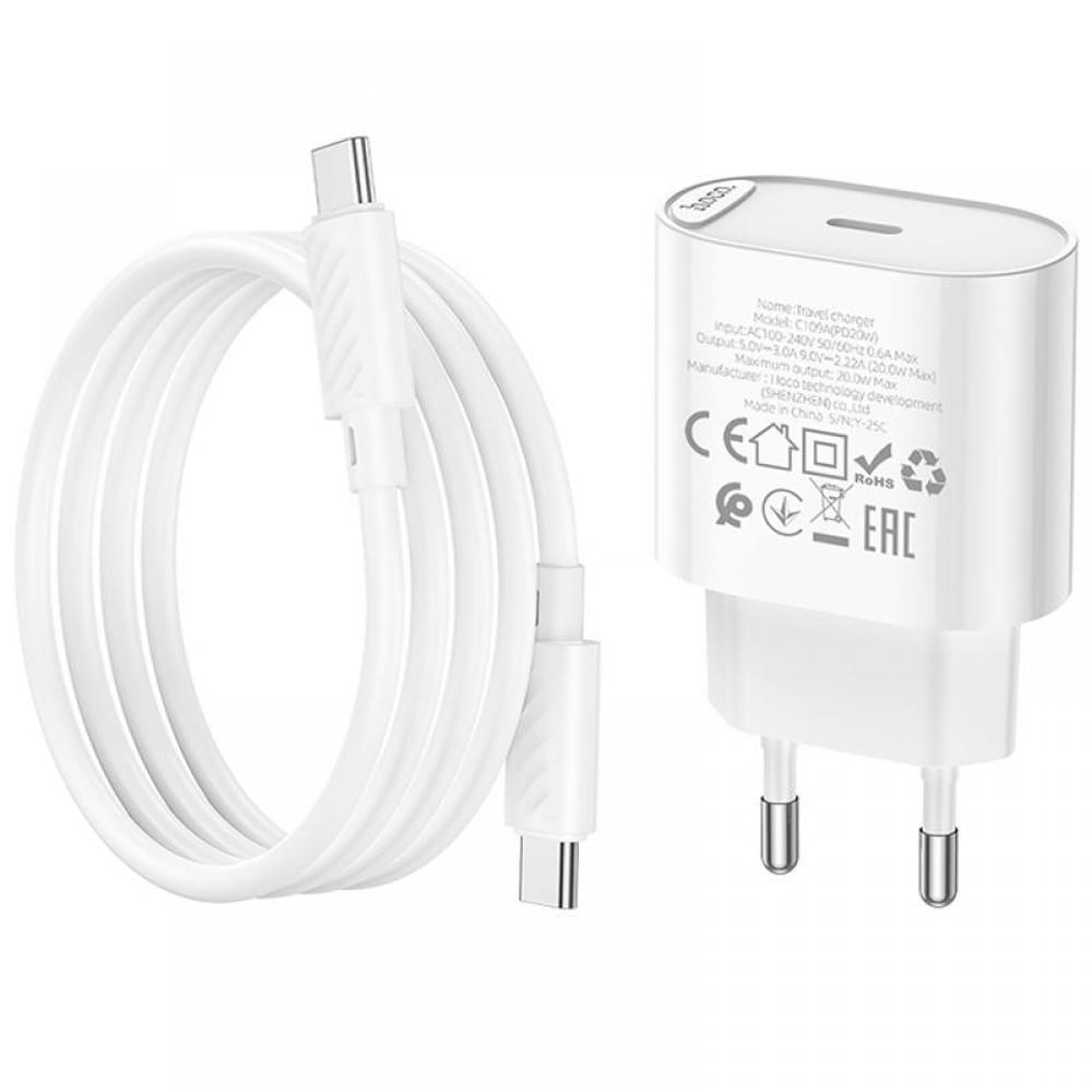 МЗП Hoco C109A Fighter PD20W (1USB-C) + кабель Type-C to Type-C White