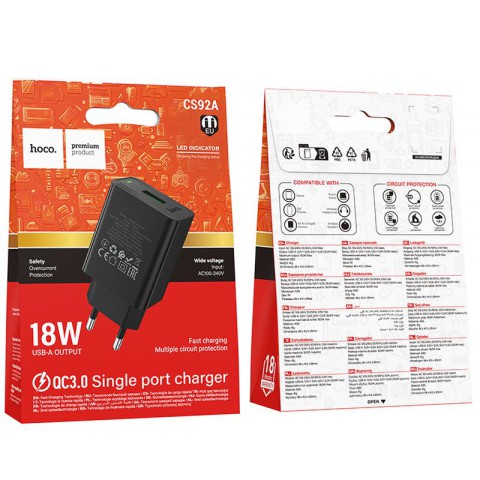 МЗП Hoco CS92A Leader 18W+QC3.0 (1USB-A) Black