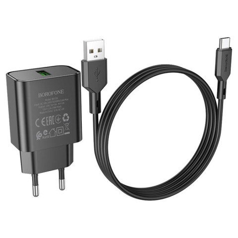 МЗП Borofone BA72A Spring QC3.0 (1USB-A) + кабель USB to Type-C Black