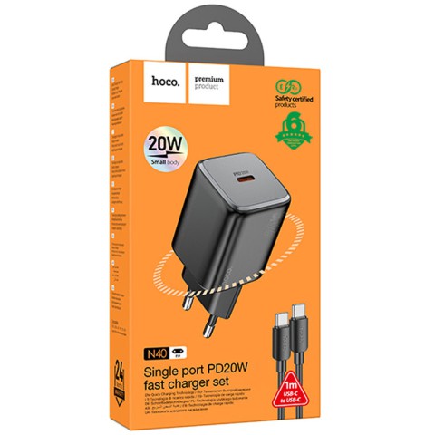 МЗП Hoco N40 Mighty PD20W (1USB-C) + кабель Type-C to Type-C Black