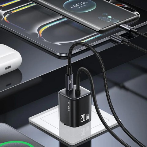 МЗП Usams US-CC261 GaN JC Ser. 20W (2USB-C) + кабель Type-C to Type-C Black