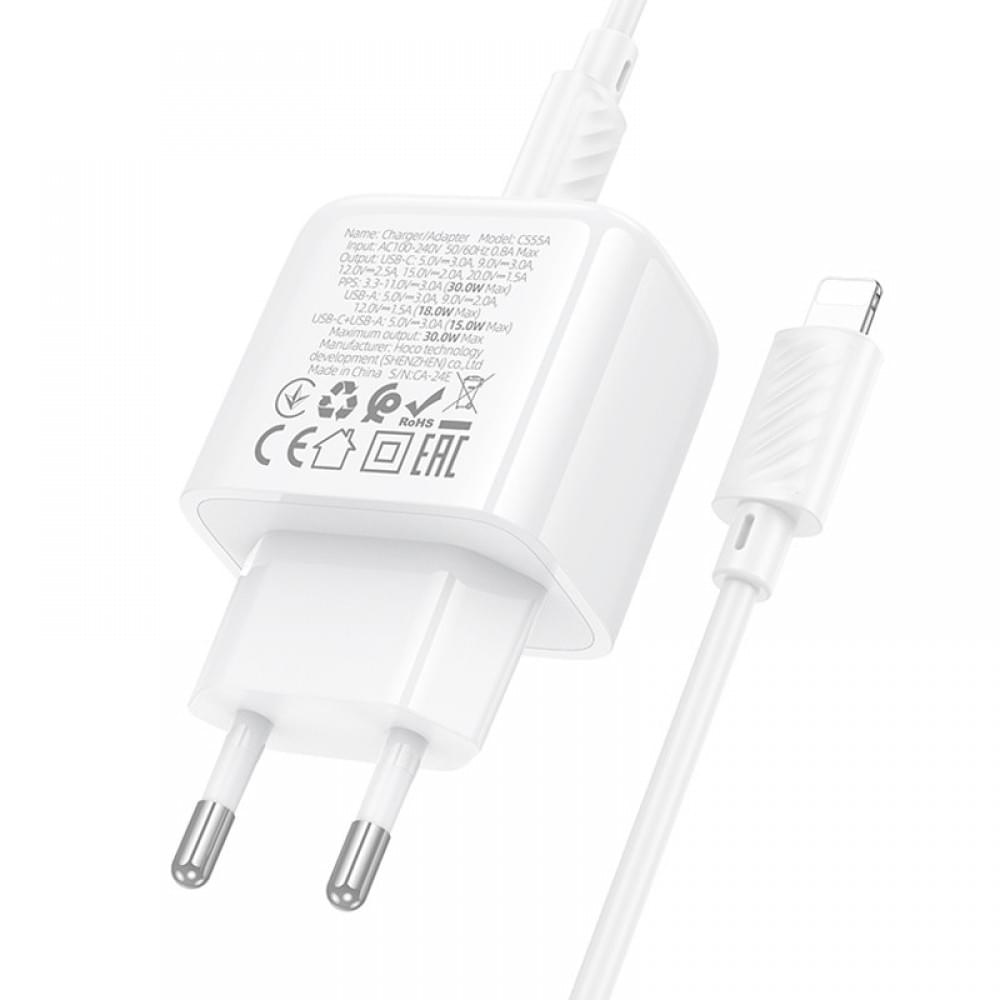 МЗП Hoco CS55A Surplus PD30W+QC3.0 (1USB-A/1C) + кабель Type-C to Lightning White