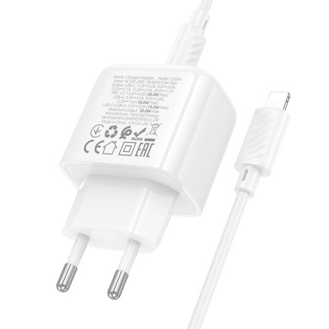 МЗП Hoco CS55A Surplus PD30W+QC3.0 (1USB-A/1C) + кабель Type-C to Lightning White