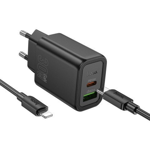 МЗП Hoco N63 Gentle PD30W+QC3.0 (1USB-A/1C) + кабель Type-C to Lightning Black