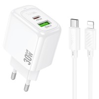 МЗП Hoco CS55A Surplus PD30W+QC3.0 (1USB-A/1C) + кабель Type-C to Lightning White