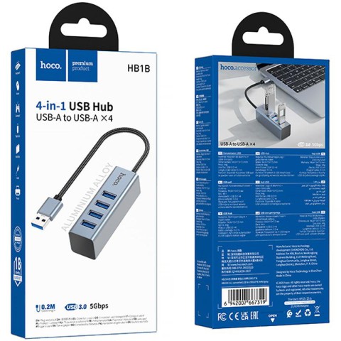 Перехідник HUB Hoco HB1B 4in1 (USB to 4xUSB 3.0) (1m) Metal gray