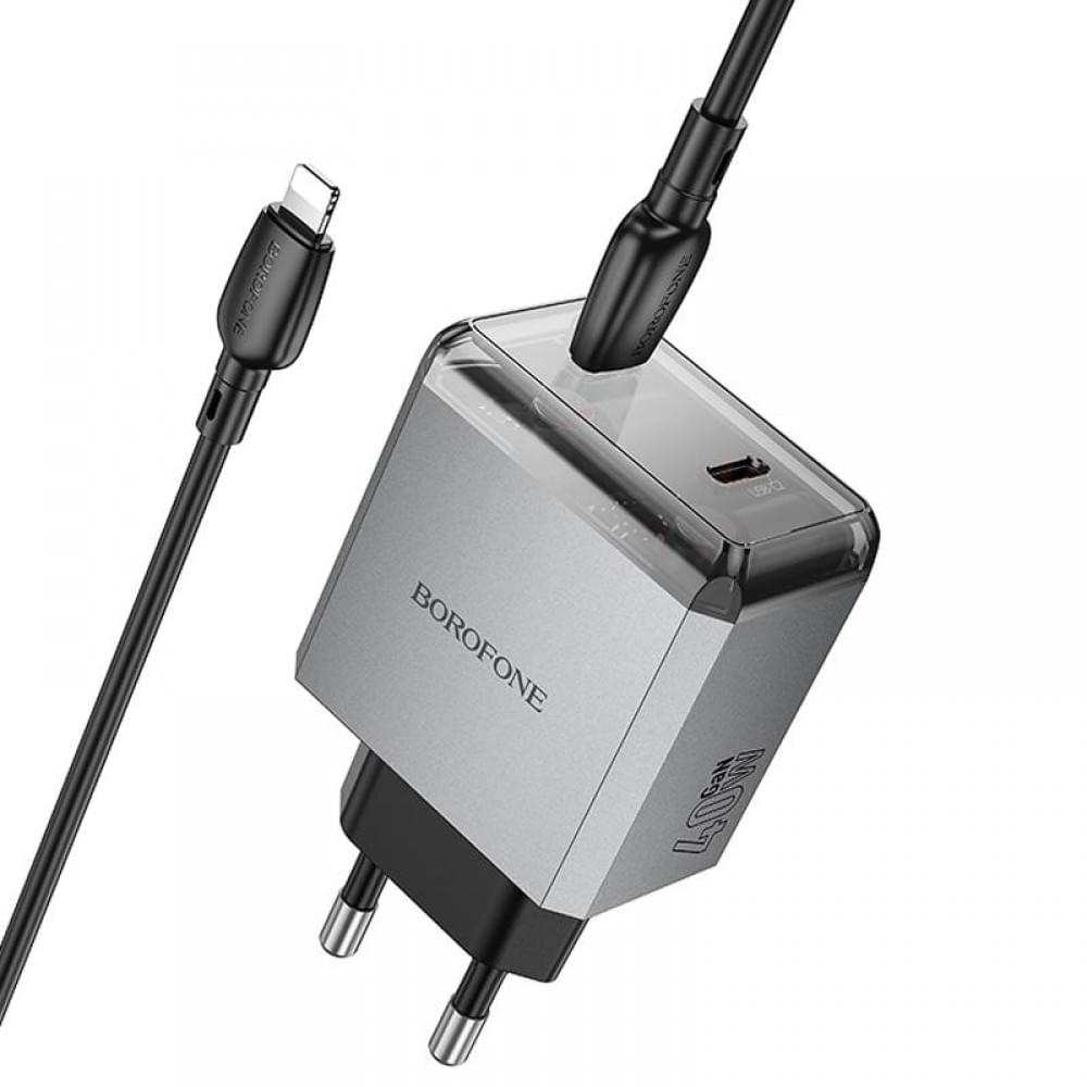 МЗП Borofone BN21 Lena PD40W+QC3.0 (2USB-C) + кабель Type-C to Lightning Metal gray