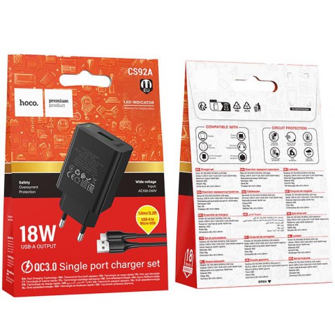 МЗП Hoco CS92A Leader 18W+QC3.0 (1USB-A) + кабель USB to MicroUSB Black