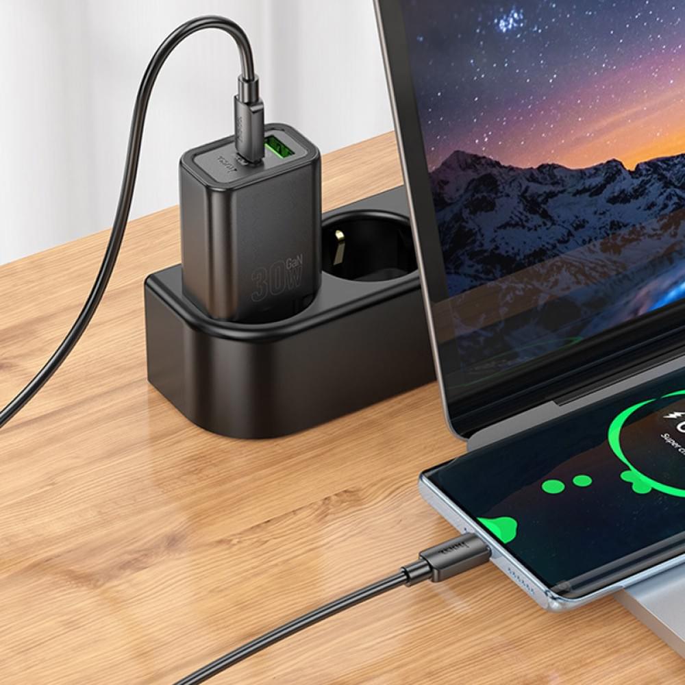 МЗП Hoco N63 Gentle PD30W+QC3.0 (1USB-A/1C) + кабель Type-C to Lightning Black