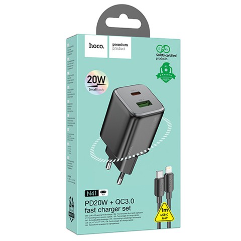 МЗП Hoco N41 Almighty PD20W+QC3.0 (1USB-A/1C) + кабель Type-C to Lightning Black