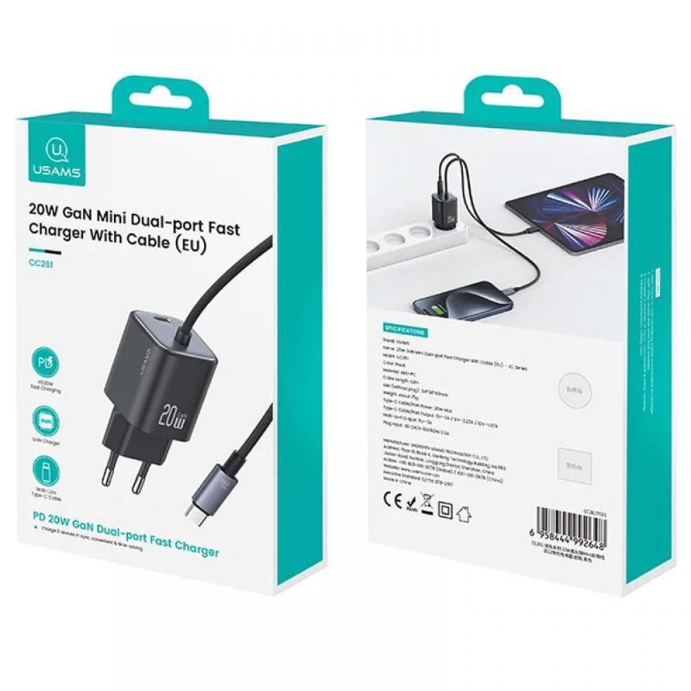 МЗП Usams US-CC261 GaN JC Ser. 20W (2USB-C) + кабель Type-C to Type-C Black