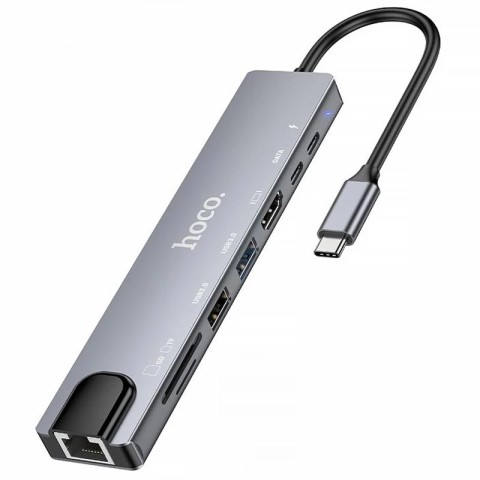 Перехідник HUB Hoco DUP09 (Type-C to HDMI+USB 3.0+USB 2.0+2xType-C+SD/TF) Silver