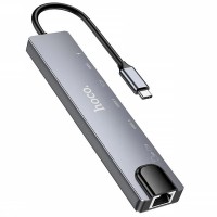 Перехідник HUB Hoco DUP09 (Type-C to HDMI+USB 3.0+USB 2.0+2xType-C+SD/TF) Silver
