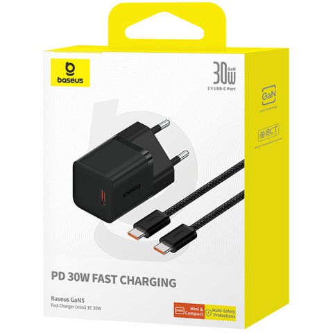 МЗП Baseus GaN5 Fast Charger (mini) 30W (1USB-C) + кабель Type-C to Type-C (P10110902) Cluster Black
