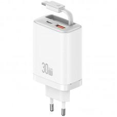 МЗП Usams US-CC296 GaN With Retractable Type-C Cable Xiang Ser. 30W (1USB-A/1C) White