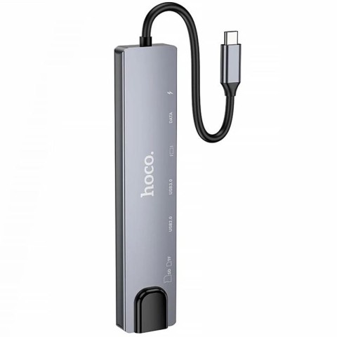 Перехідник HUB Hoco DUP09 (Type-C to HDMI+USB 3.0+USB 2.0+2xType-C+SD/TF) Silver