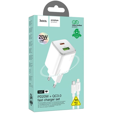 МЗП Hoco N41 Almighty PD20W+QC3.0 (1USB-A/1C) + кабель Type-C to Lightning White