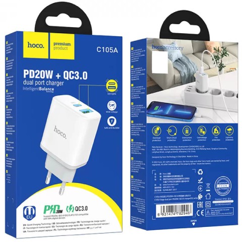 МЗП Hoco C105A Stage PD20W+QC3.0 (1USB-A/1C) White