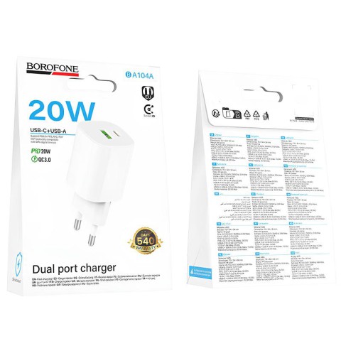 МЗП Borofone BA104A Pudding PD20W+QC3.0 (1USB-A/1C) White