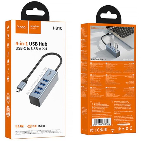 Перехідник HUB Hoco HB1C 4in1 (Type-C to 4xUSB 3.0) (1m) Metal gray